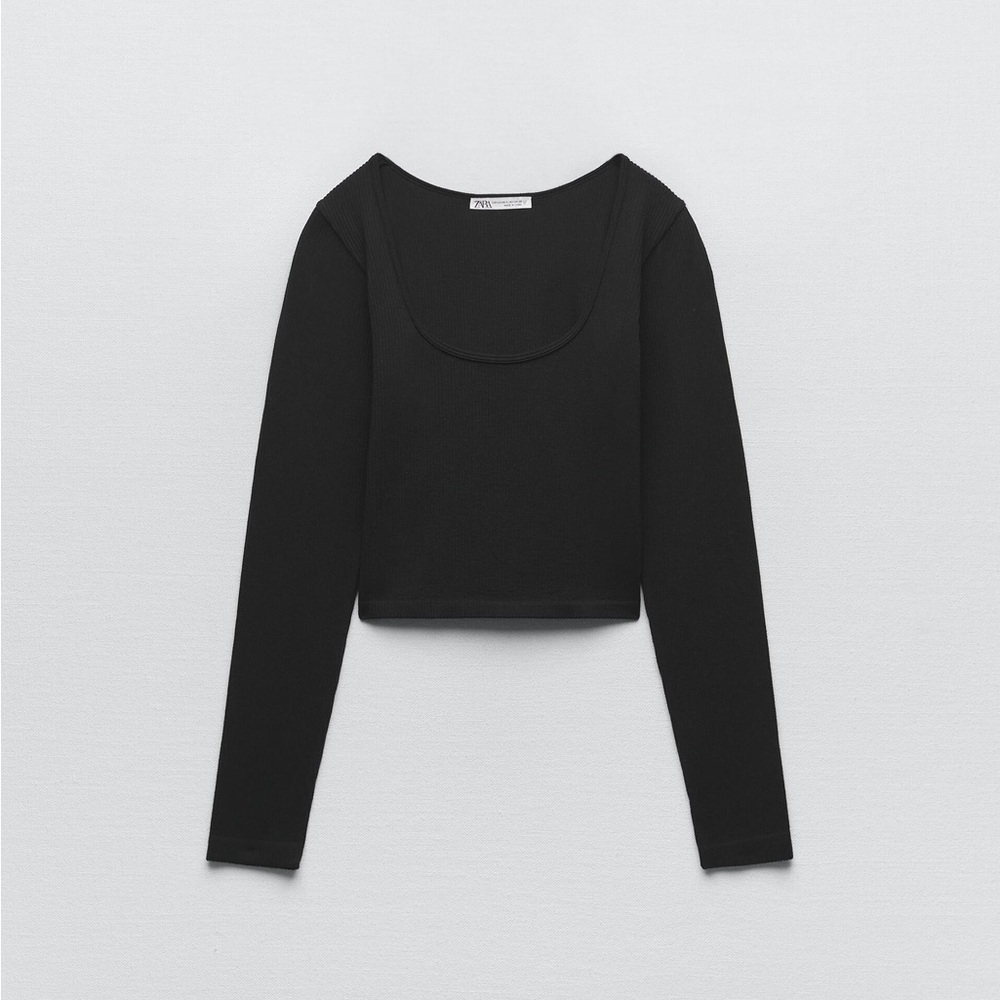Zara Black Long Sleeve Ribbed Crop Top